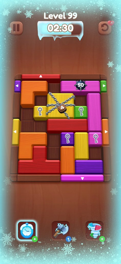 Captura de pantalla del juego de Woody Puzzle Slide Out con bloques de madera de colores y un tema invernal.