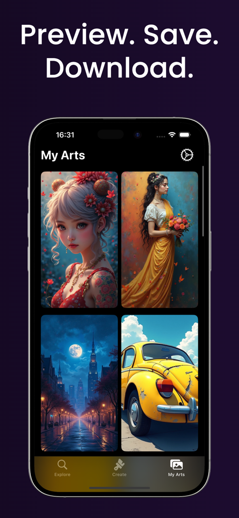 Art AI: Wallpaper Generator - Una vista de galería de fondos de pantalla generados por IA en la aplicación Art AI que muestra arte de anime y un coche vintage