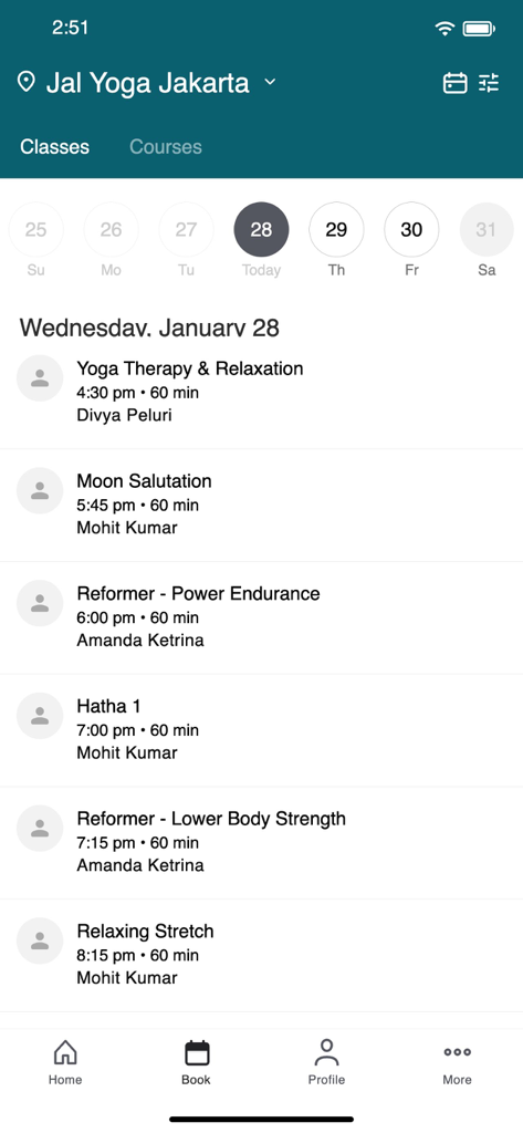 Jal Yoga - Mobile screen of Jal Yoga app showing a daily schedule of classes including Yoga Therapy Moon Salutation and Reformer sessions for booking.