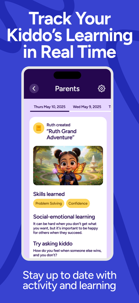 A mobile interface for parents showing a child's learning activity and social emotional skills progress within the Giant app
