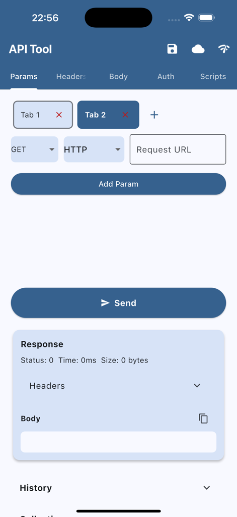API Tool Pro interface for building and sending HTTP requests with response tracking