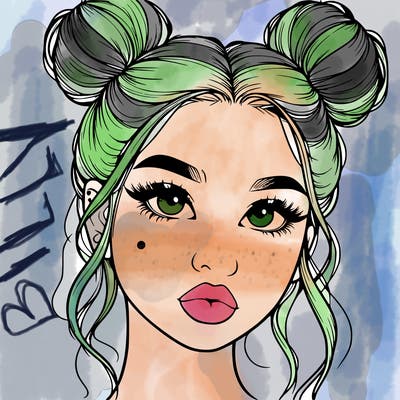 realistic girl with two buns on her hair and lips
