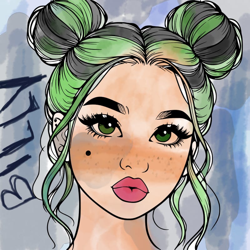 realistic girl with two buns on her hair and lips
