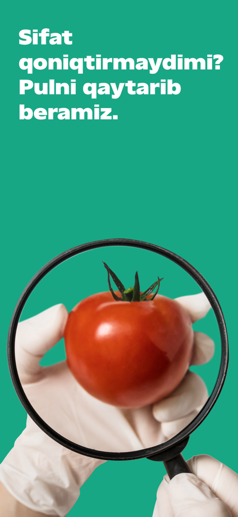 Une main gantée de blanc inspectant une tomate fraîche à travers une loupe pour un contrôle qualité