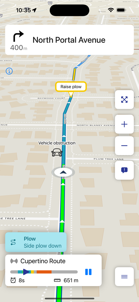 Rasters Navigation - A screenshot of Rasters Navigation showing a snow plow route with turn-by-turn directions and a raise plow instruction.