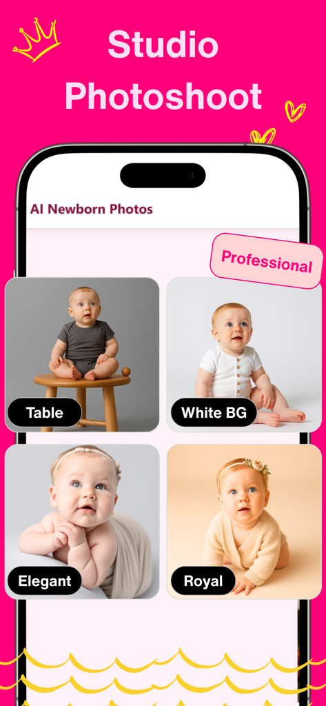 Newborn Baby AI Photo: NewPic - NewPic app interface showing various professional AI newborn photo styles including Elegant and Royal