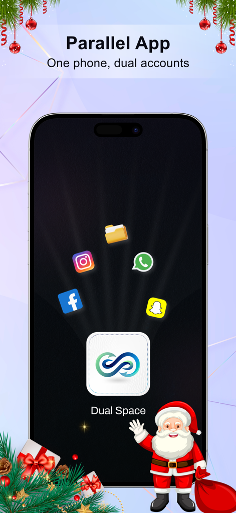 Dual Space app interface on a smartphone showing multiple social media account cloning with a festive Christmas theme.