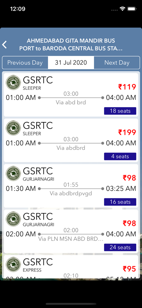 GSRTC app screen displaying bus schedules fares and seat availability between Ahmedabad and Baroda