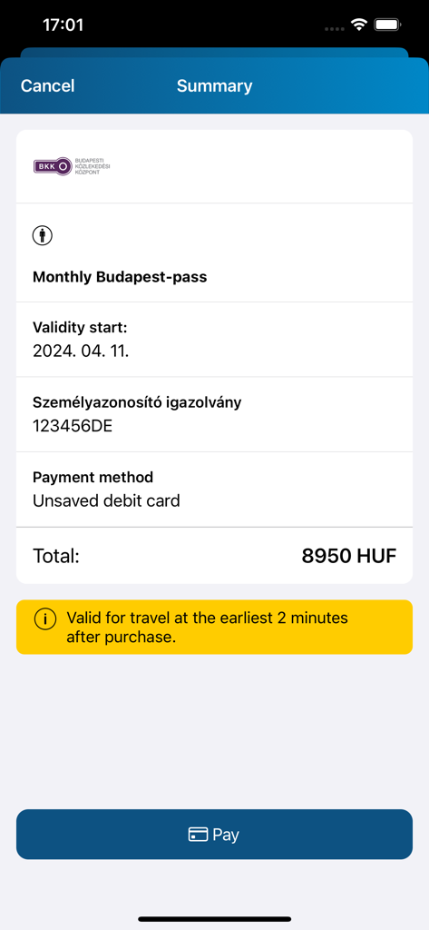 Purchase summary for a Monthly Budapest-pass in the Mobiljegy app
