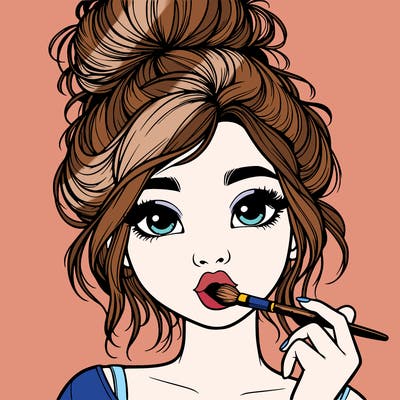 realistic girl with messy bun holding a paint brush in her mouth