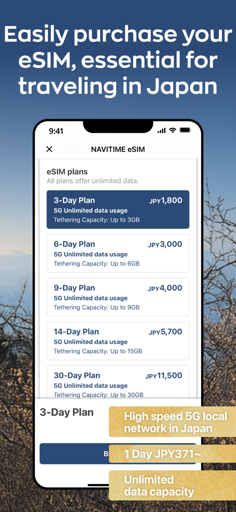 Japan Travel - Smart Transit - Mobile app interface showing various 5G eSIM data plans for travelers in Japan