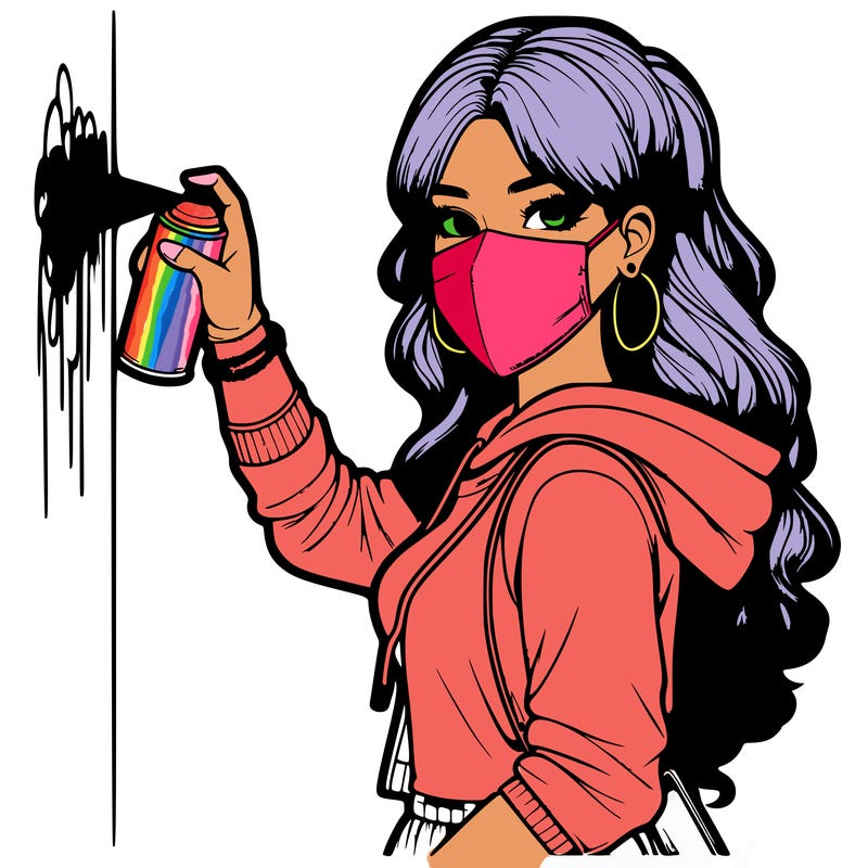 realistic girl with mask spray painting a wall