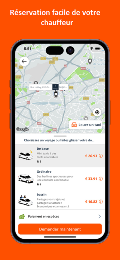 SB Drive client app screen showing map and vehicle booking options