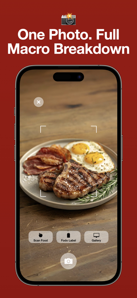 Carnivore Diet App Tracker Max - 카니보어 다이어트 앱 인터페이스, 매크로 추적을 위해 스테이크와 계란이 있는 접시와 함께 AI 음식 스캔 기능 표시