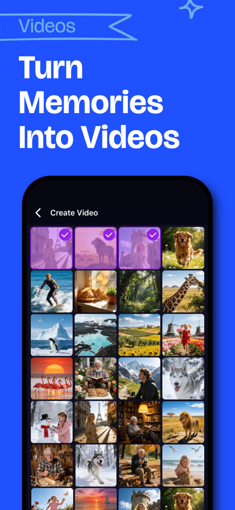 Memories Cleaner：Memory Grove - Memory Grove의 모바일 앱 인터페이스가 동영상을 만들기 위해 갤러리에서 사진을 선택하는 방법을 보여주고 있습니다.