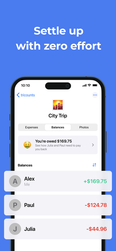 Tricount app screen displaying group balances and money owed for a city trip