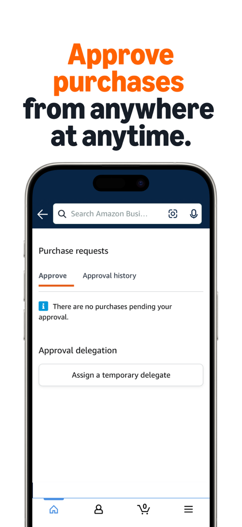 Amazon Business: B2B Shopping - Interfaz de la aplicación Amazon Business mostrando la pantalla de aprobación de solicitudes de compra y la opción de asignar un delegado temporal.