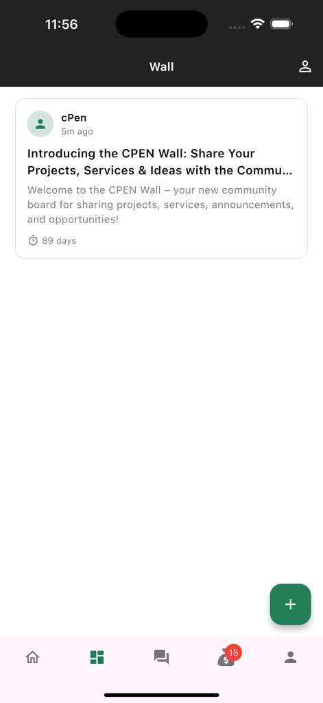 The community wall feature in the cPen Network app showing a post for sharing projects and ideas.