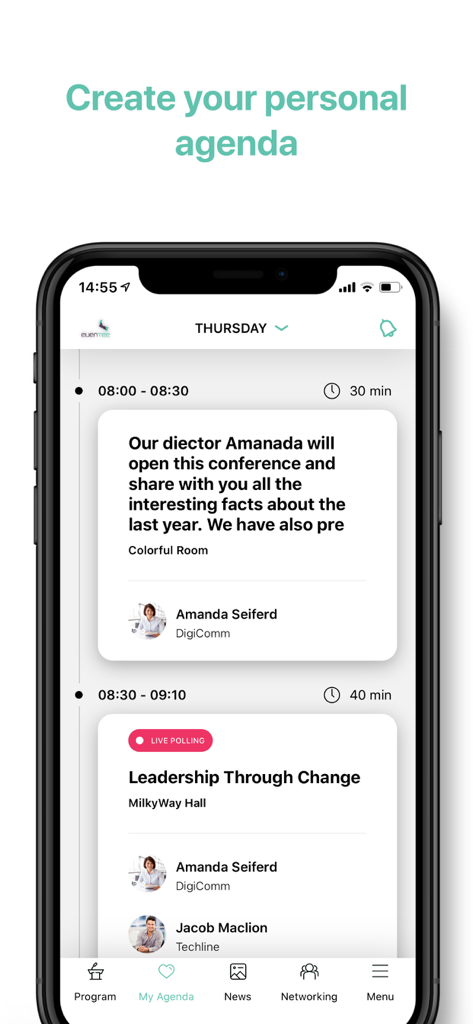 Mobile screen displaying a personalized event schedule with session titles and speaker profiles.
