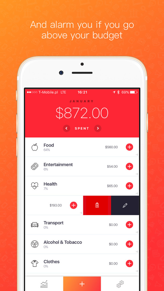 Blinq: Simple Expense Tracker Spendings Analytics - Blinq app interface on iPhone showing monthly spending totals and a list of expense categories like food and entertainment
