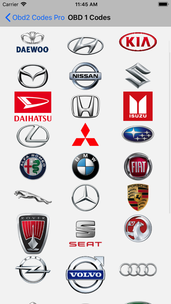 Obd2 Codes List - Grid of car brand logos for OBD1 diagnostic code selection