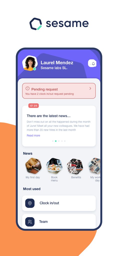 Sesame HR: software de RRHH - Schermata principale dell'app mobile Sesame HR che mostra il profilo del dipendente e gli strumenti di produttività