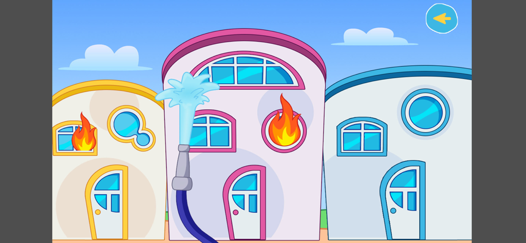 Una manguera de agua de dibujos animados apagando incendios en las ventanas de casas coloridas en la aplicación Cleo y Cuquin.