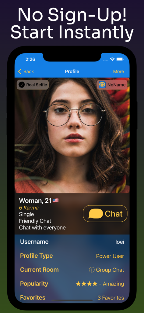 Anonymous Chat Rooms - NoName - User profile interface in Anonymous Chat Rooms NoName app showing a verified selfie and chat button