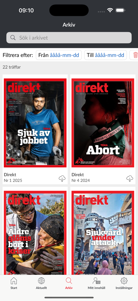 Tidningen Direkt - Archive view of the Tidningen Direkt app showing a grid of magazine covers with humanitarian topics
