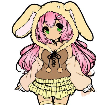 pretty anime girl wearing a fluffy hoodie with bunny ears on the hood and a skirt