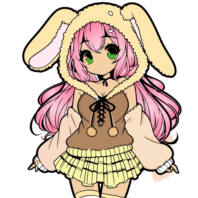 pretty anime girl wearing a fluffy hoodie with bunny ears on the hood and a skirt