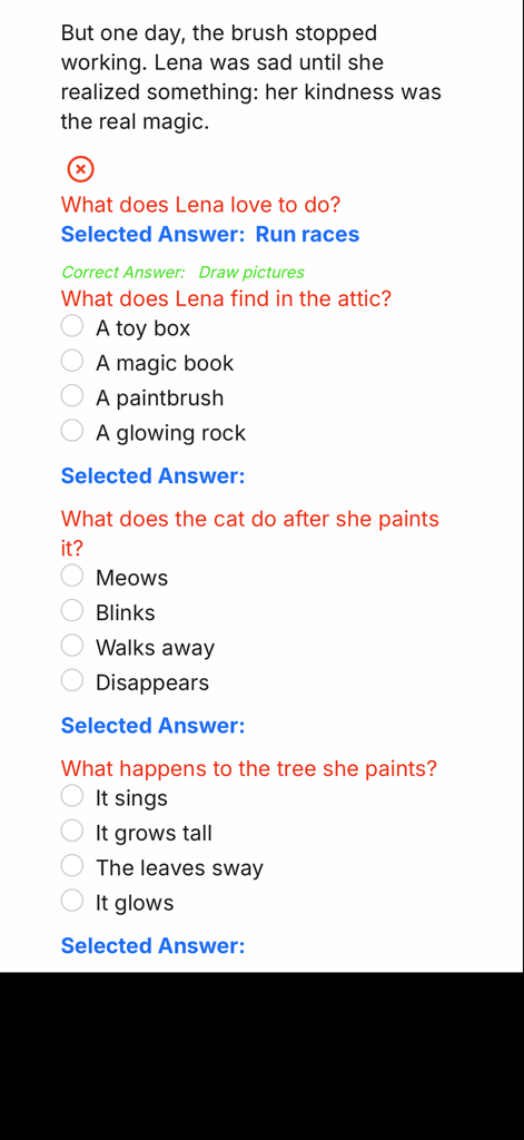 iRead-3 Practice App - A reading comprehension practice screen with multiple choice questions and feedback.