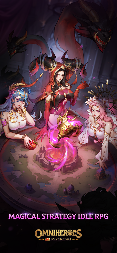 Omniheroes - Omniheroesの光る杯の周りに集まった3人のアニメ風ワルキューレ