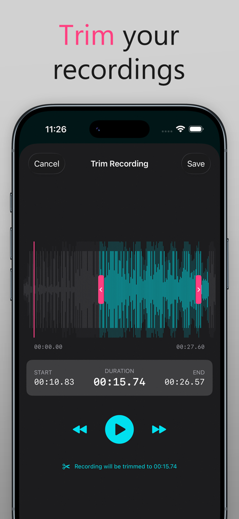 Hear My Baby Heartbeat App 2.0 - Interfaz de la aplicación Hear My Baby Heartbeat que muestra la forma de onda de audio y herramientas para recortar y guardar una grabación de latidos.