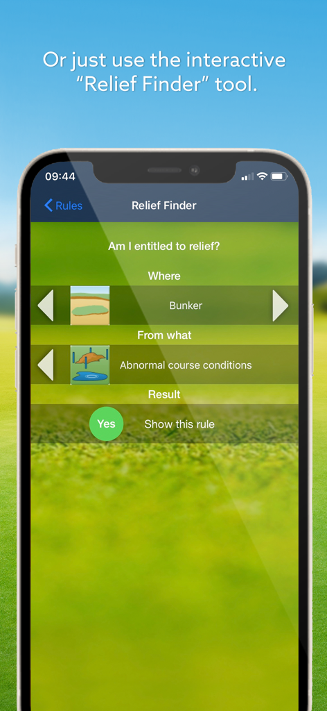 Screenshot of the Expert Golf Relief Finder tool showing a ruling for a golf ball in a bunker with abnormal course conditions.