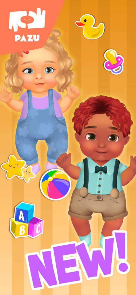 Two adorable cartoon babies surrounded by colorful toys and a NEW sign