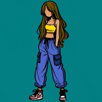 girl in baggy pants crop top and long hair