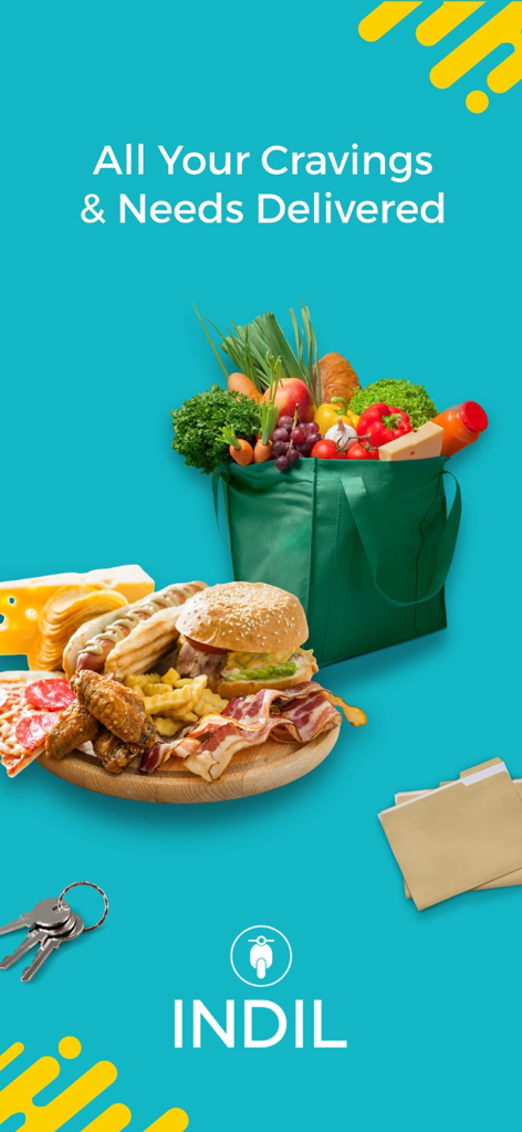 Pantalla promocional de la aplicación Indil mostrando comestibles frescos y comida de restaurante con el texto Todos Tus Antojos y Necesidades Entregados