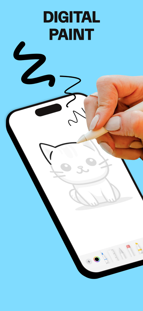 Uma mão a usar uma caneta digital para desenhar um gato num ecrã de smartphone usando a funcionalidade de pintura digital