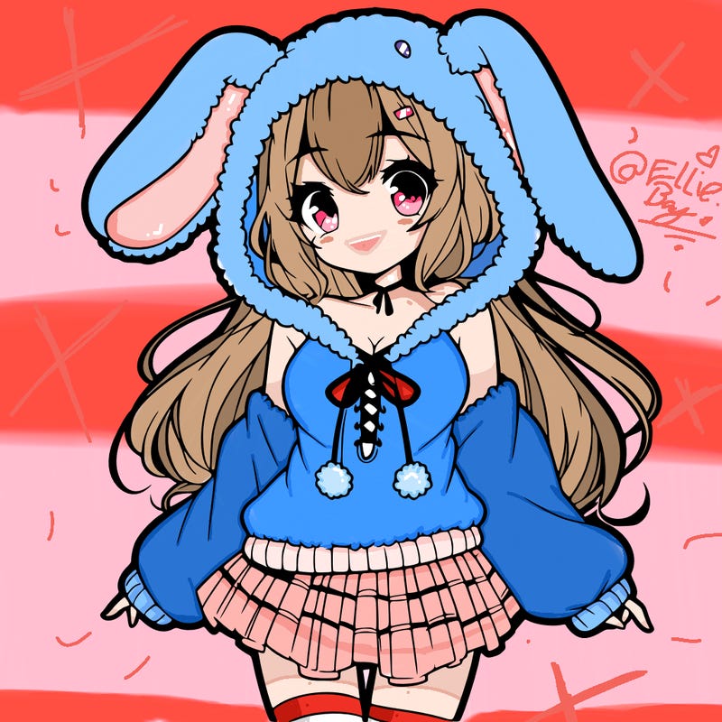 pretty anime girl wearing a fluffy hoodie with bunny ears on the hood and a skirt