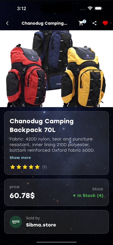 Aurora Store - Aplicación Aurora Store mostrando la página de un producto para una mochila de campamento de 70L de la tienda local Sibma