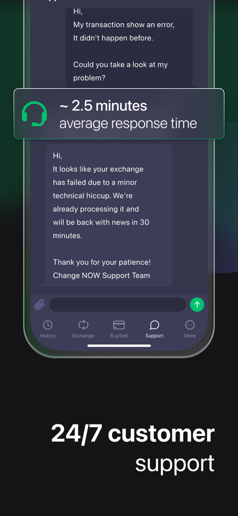 ChangeNOW: Crypto Exchange - Interfaccia di supporto clienti 24/7 dell'exchange di criptovalute ChangeNOW che mostra un tempo di risposta medio di due minuti e mezzo