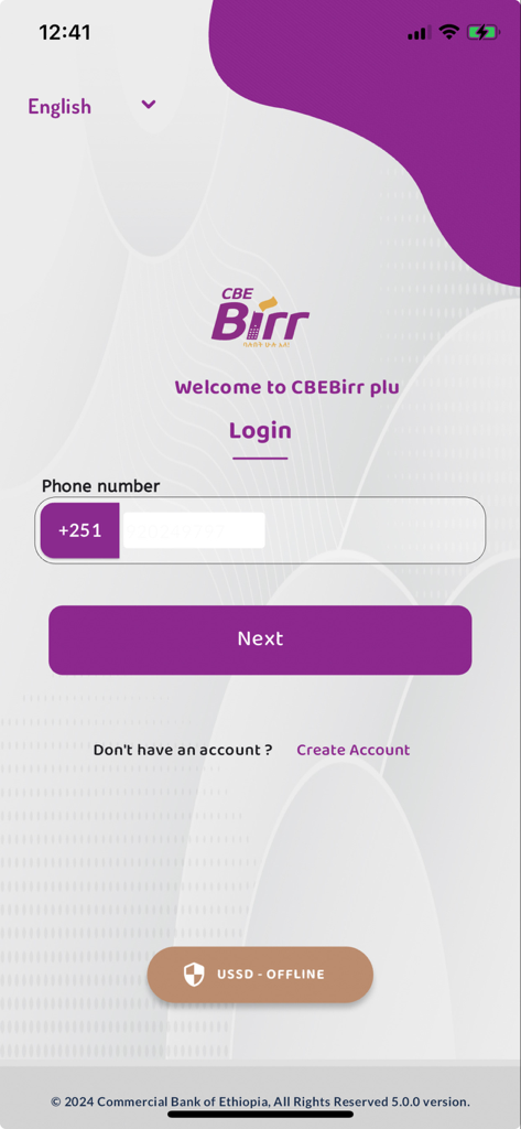 CBEBirr Plus - Login page of the CBEBirr Plus mobile app with phone number input and next button