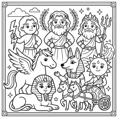 Dive into the exciting realm of ancient myths with this delightful coloring page featuring friendly gods and legendary creatures. Designed specifically for kids aged 4-8, it offers a wonderful way to learn and play.