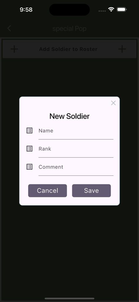 Army NCO Tools & Guide - Uma janela pop-up no aplicativo Ferramentas do NCO do Exército para adicionar um novo soldado com campos para nome, posto e comentários.