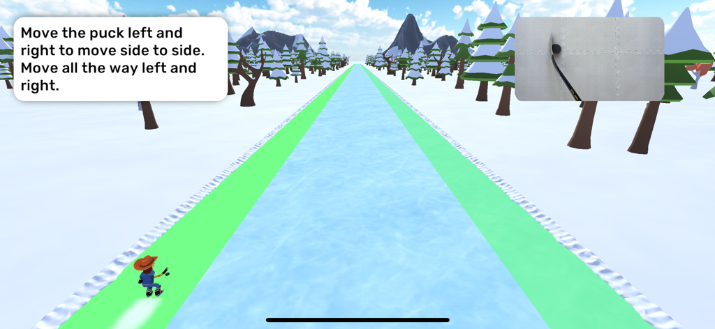 Dangleverse - Dangleverse tutorial screen showing a hockey player on a frozen river with an AR puck tracking window