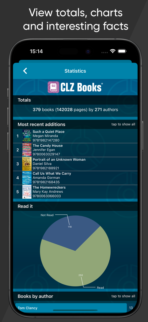 CLZ Books - library organizer - Statistics screen of the CLZ Books app showing book totals and a reading progress pie chart