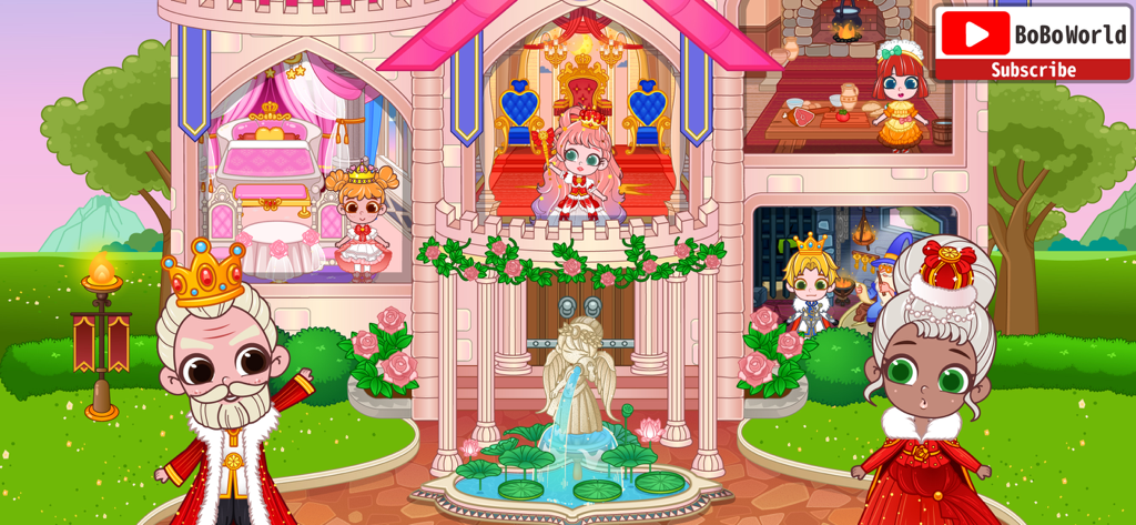 BoBo World Castle - A colorful digital dollhouse castle featuring royal characters in various rooms like the throne room and kitchen