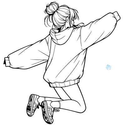 realistic girl jumping with a bun and oversized sweatshirt