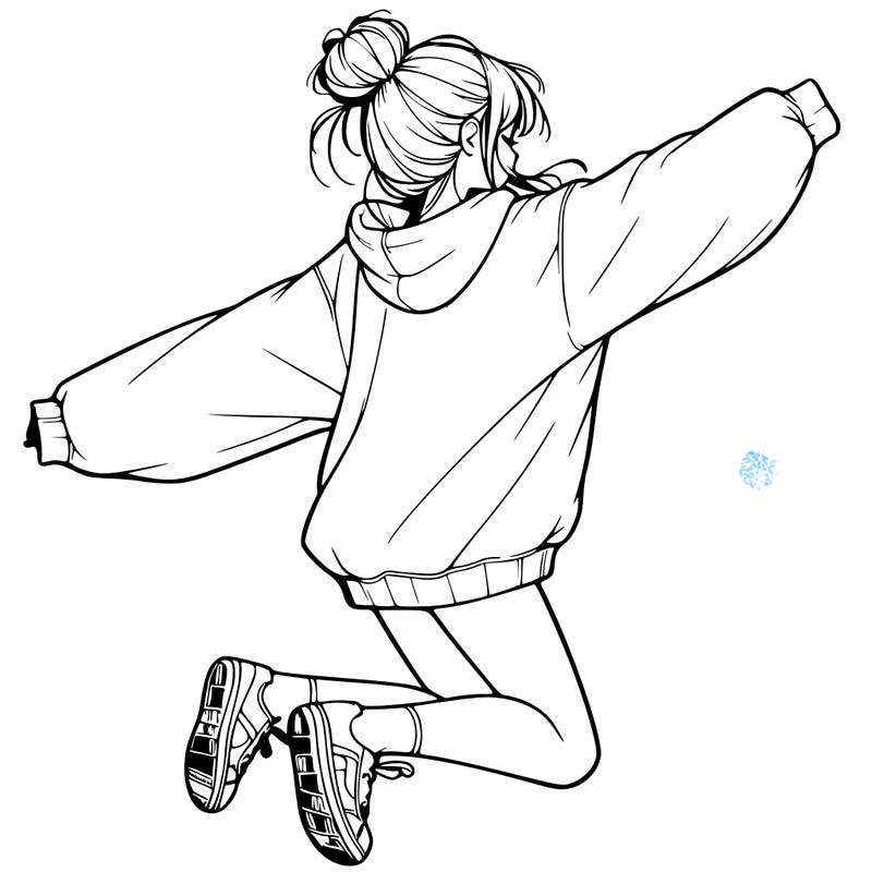 realistic girl jumping with a bun and oversized sweatshirt